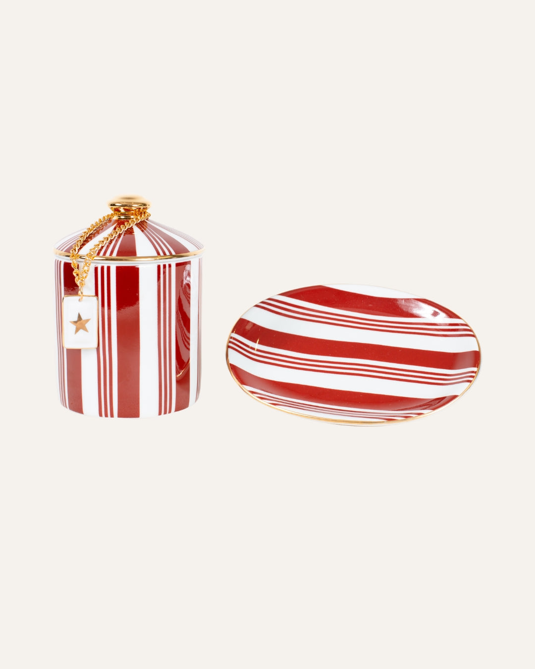 CONJUNTO DE 1 POTE COM 1 PRATINHO DE PORCELANA LISTRAS VERMELHAS